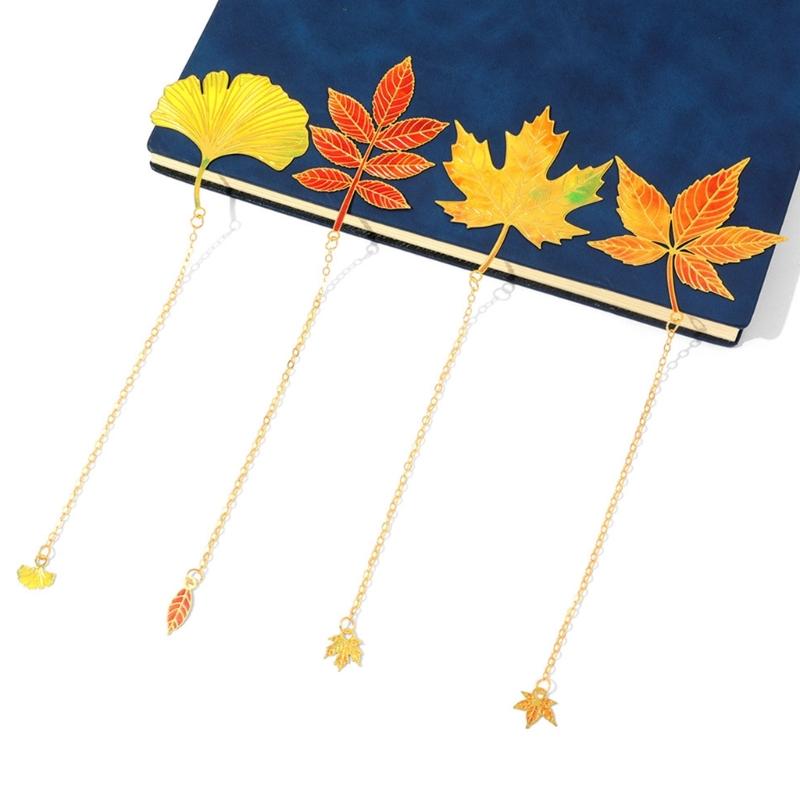 Fall Leaves Metal Bookmarks with Chain Pendant Novel Fiction Page Marker Page Divider for Book Lover Teacher Adult