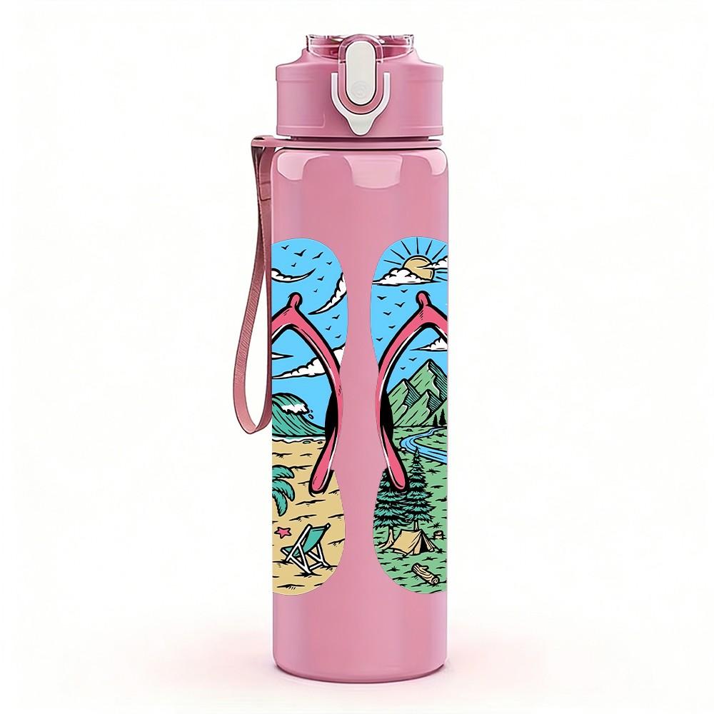 1PC Tropical Pattern Flip Flop Sandal Print 750ml Color Plastic Sports Water Bottle Leakproof Flip Straw Lid Suitable for Sports Office Home Use
