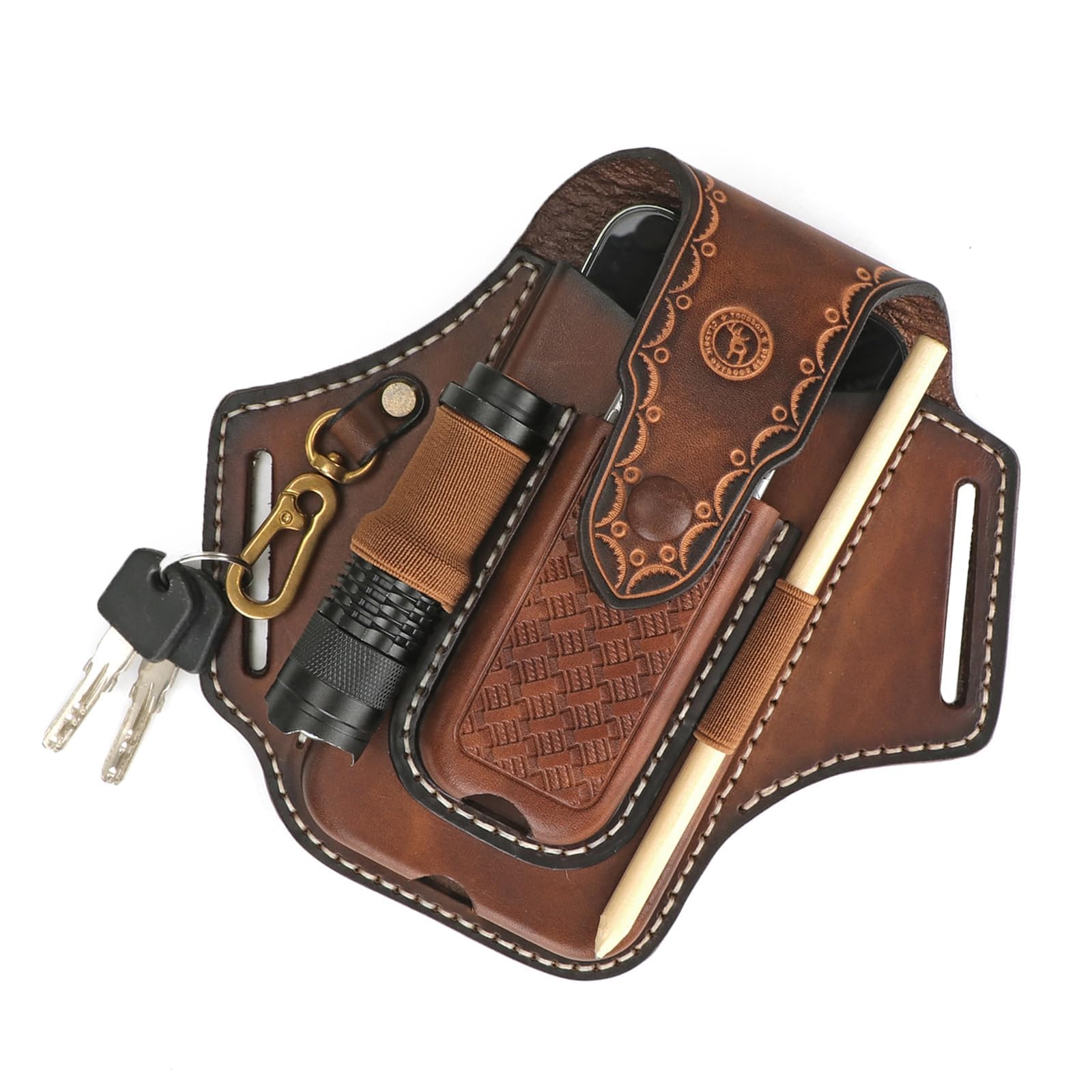 

TOURBON Leather Phone Pouch with Belt Tool Pouch for and Keys Loop, Pliers, Pens, Flashlights,