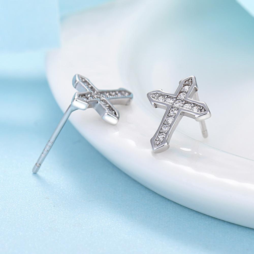 Cool Fashion Hiphop Street Man Cross Earrings Korean Style Ear Stud Square Earrings Crystal