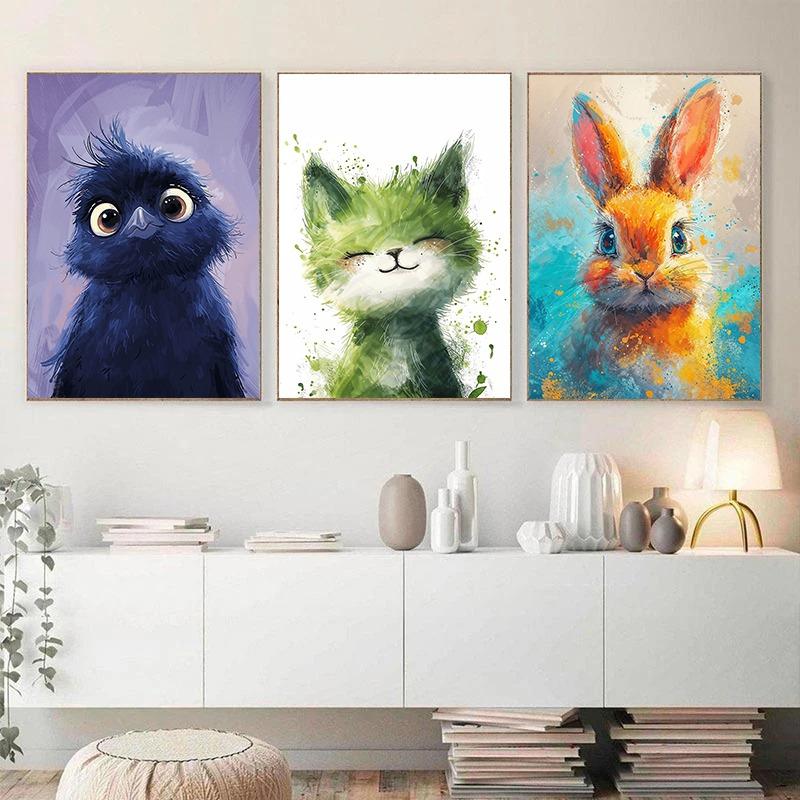Cute interesting Colorful furry animals Poster Watercolor Print Canvas Painting Wall Art Picture Home Modern Kid Room Decoration