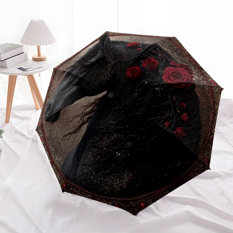 1 PC Automatic Folding Umbrella - Black Horse Pattern, Portable & Foldable Design with 8 Ribs, Christmas Birthday Gifts