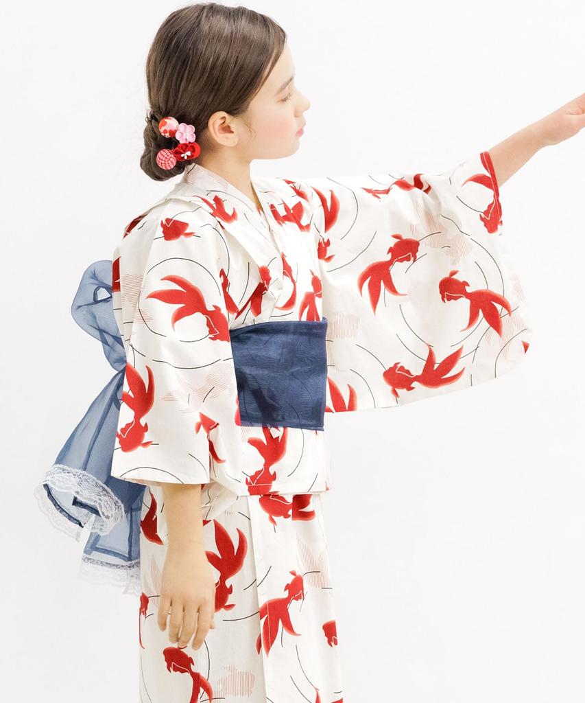 Zestaw Yukaty Pszczoła Łatwy do Idealny na Festiwale i Biały z Wzorem Złotej Rybki 3-częściowy Dziewczęcy, Letni, Do Noszenia, Dwustronny Wzór, Fajerwerki, 150cm,