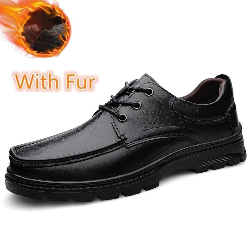 Genuine Leather Oxford Shoes Men Warm Plush Fur Winter Shoes Soft-soled Male Casual Shoes Fashion Light Business Dress Sneakers