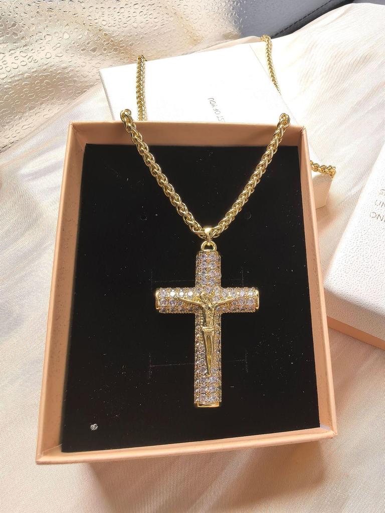 Trendige Kupfer-Inlay Zirkon Kreuz Anhänger Halskette – High-End Hip-Hop Porträt Design