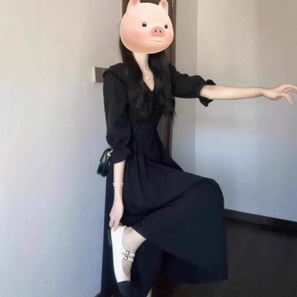 Hepburn French Black V-neck Long-sleeved Dress for Children's Summer and Spring New High-end Temperament Long Dress