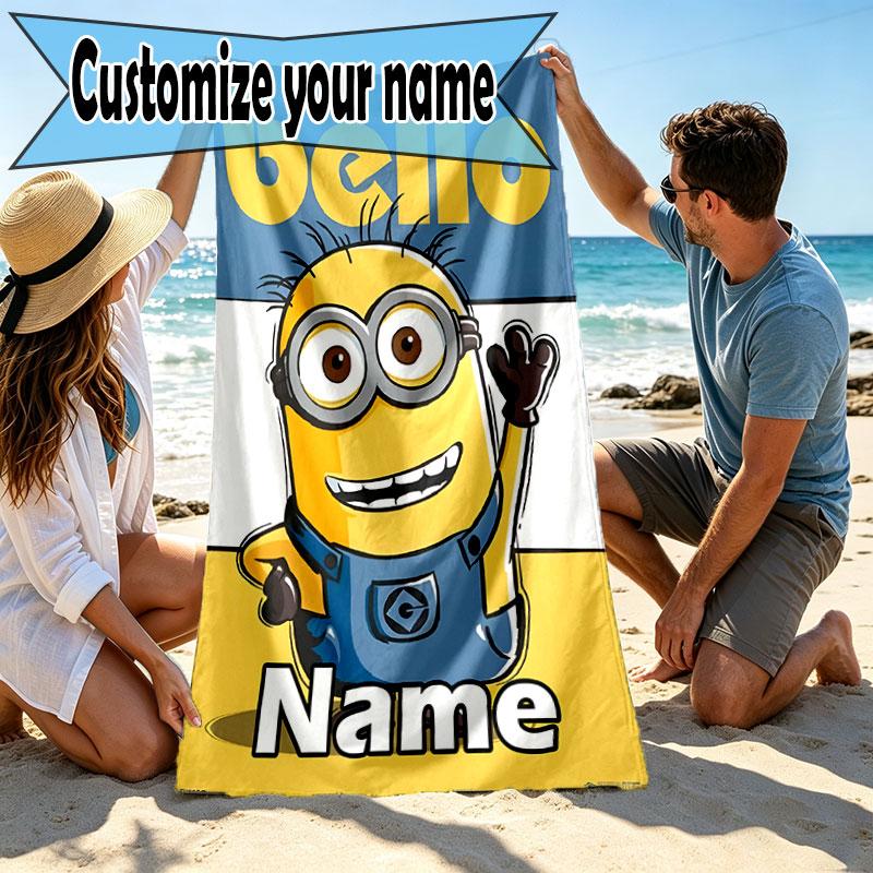 Custom Name Personalized Minions Print Beach Towel, for Trip Camping Beach Party Home Decor, Birthday Gift for Family & Friends