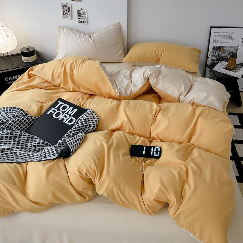 Einfarbiges vierteiliges Bettlaken-, Bettbezugs- und Steppdeckenbezug-Set für Zuhause, Wohnheim und Einzelbettwäsche.