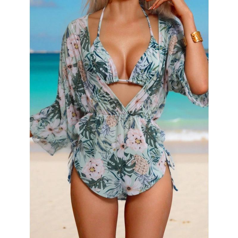 Women Sexy European Style Mesh Printed Three Piece Split Bikini Swimsuit