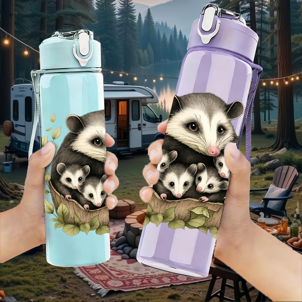 1PC Opossum Floral Portrait Art 750ml Color Plastic Sports Water Bottle Leakproof Flip Straw Lid Suitable for Sports Office Home Use