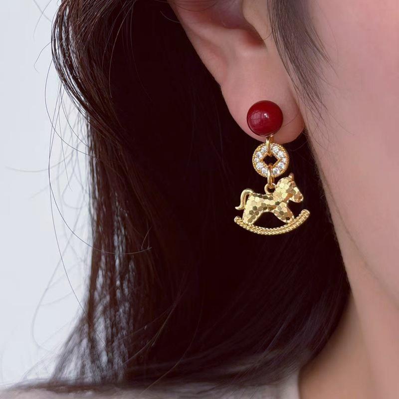 Red Little Horse Copper Coin Earrings - Luxurious Holiday Studs for Women