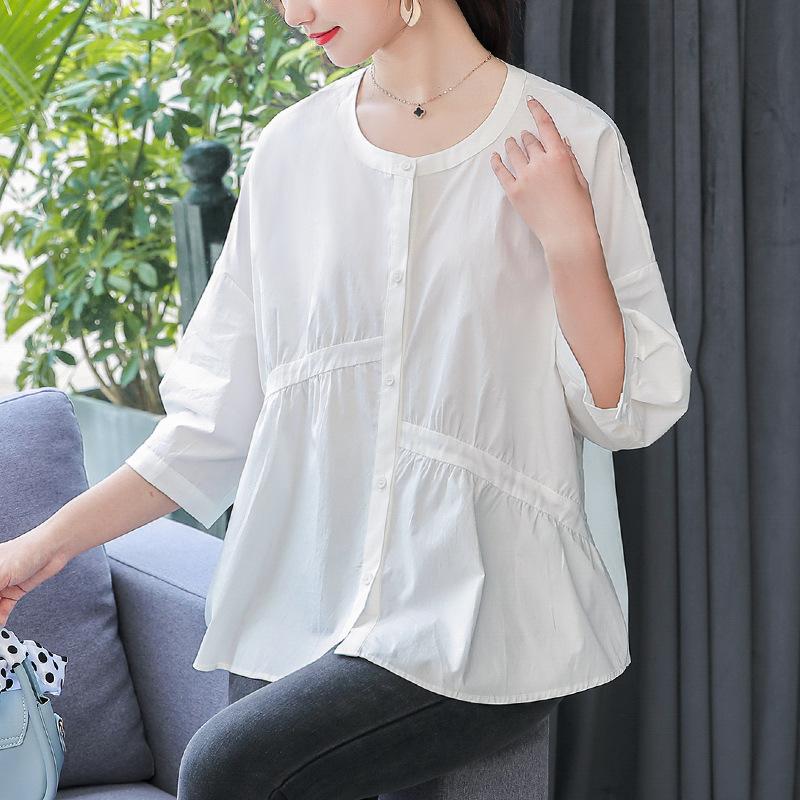 

Round Neck Asymmetric Pleated White Shirt for Women In Women s Quarter-sleeved Summer New Loose Doll Shirt Shirt XXL білий
