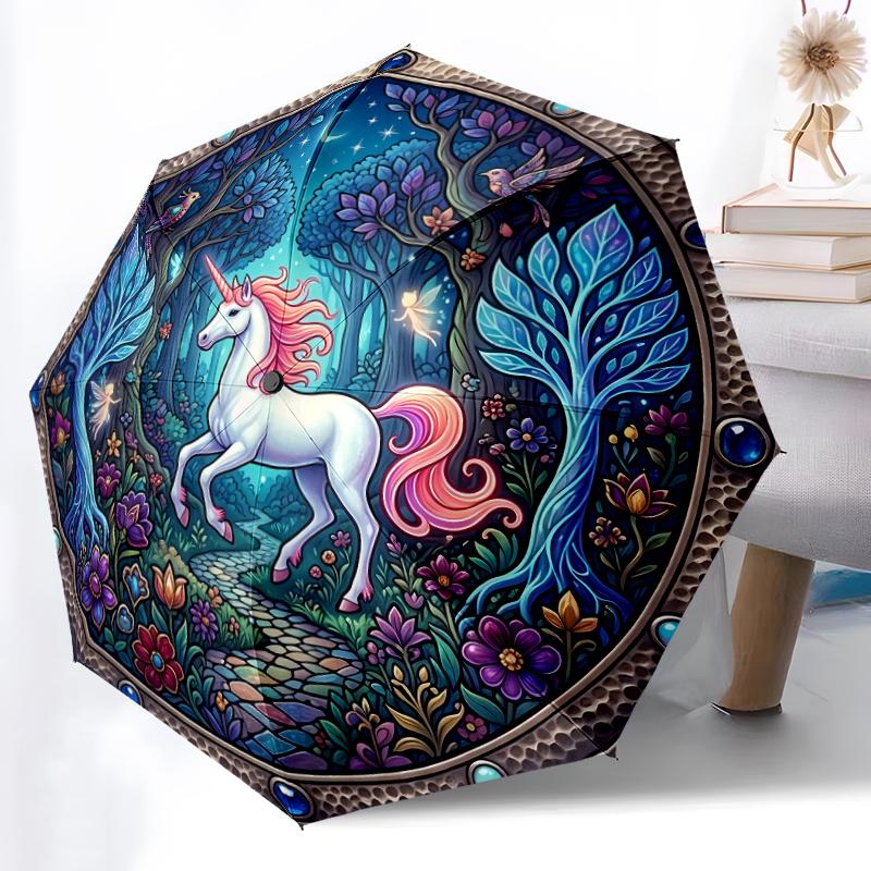 1pc Sturdy 8-Bone Auto Umbrella, Autumnal Forest Unicorn Umbrella, Digital Printed, Foldable Umbrella for On-the-Go Outdoor Use