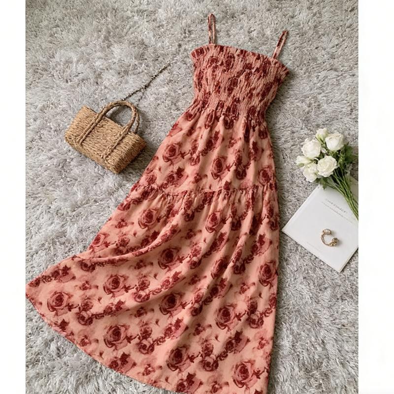 French rose print lace-up dress women's summer new design waist fashion suspender dress