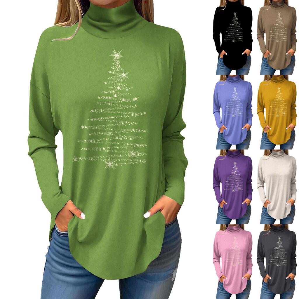Women's Fashionable Loose-Fit High-Neck T-Shirt With Christmas Print Long-Sleeved Top