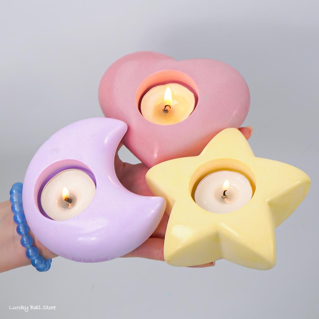 DIY Eid Crescent Moon Star Candle Holder Silicone Mold 3D Heart Candlestick Resin Gypsum Mould Ramadan Ornament Tools Home Decor