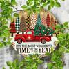 Vintage Red Truck Metal Sign, Christmas Tree Circular Iron Decor for Bar Cafe