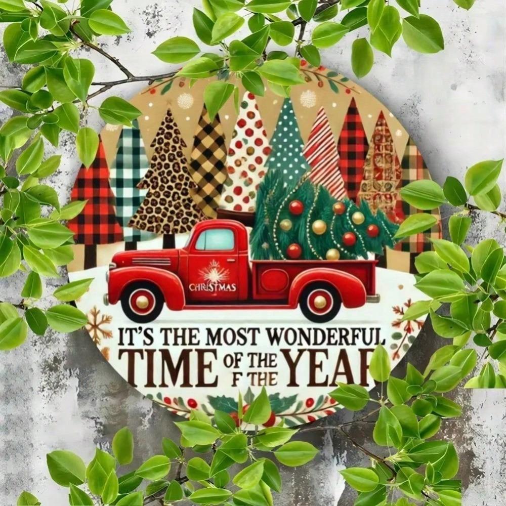 Vintage Red Truck Metal Sign, Christmas Tree Circular Iron Decor for Bar Cafe