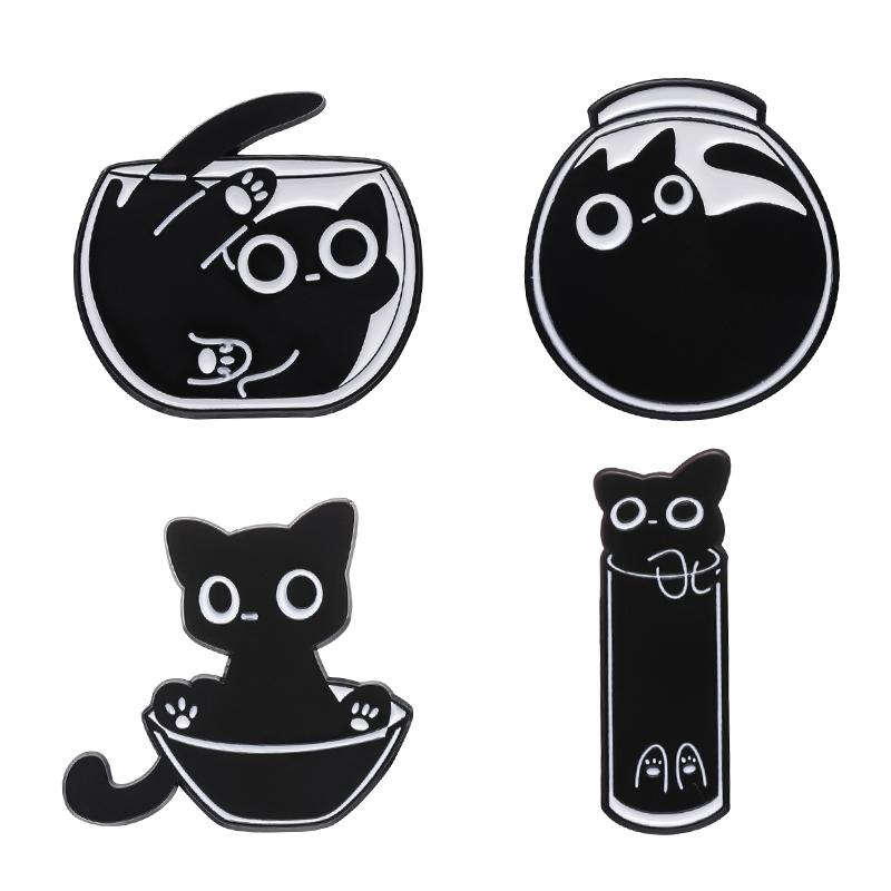 Cute Cat 4-6pcs/Set Enamel Pins Black Fluid Cat Brooches Lapel Badge Punk Animal Jewelry Gift for Friends