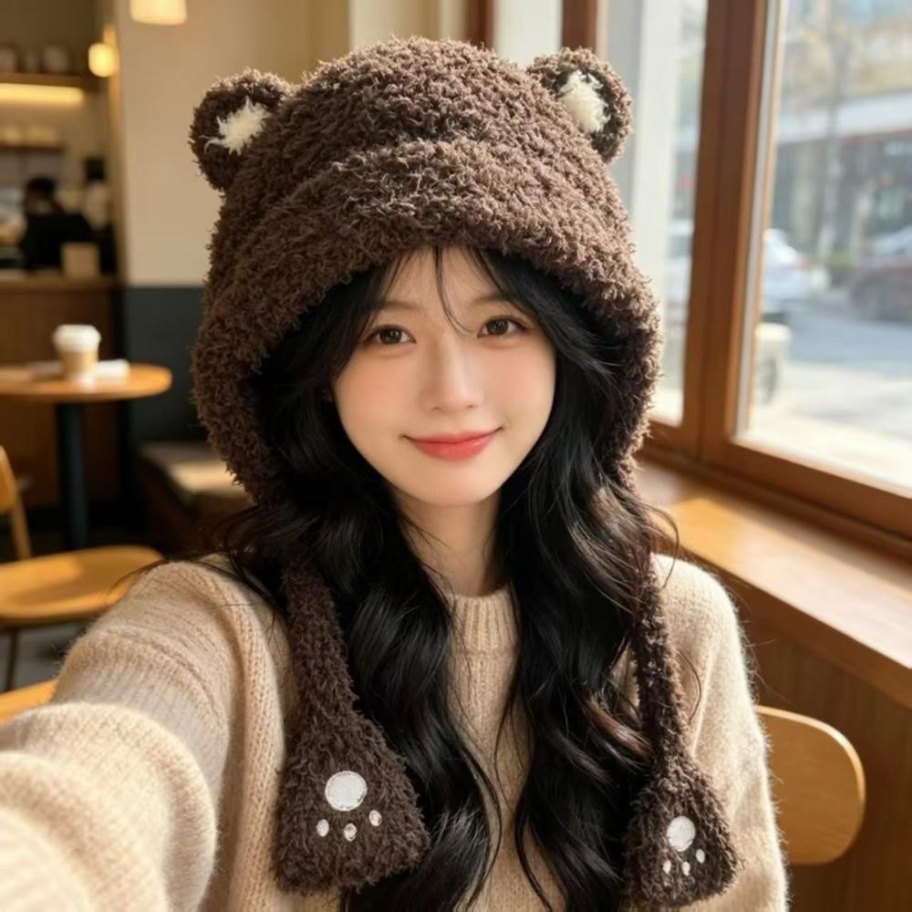 Polyester Thick Bear Ear Hat Korean Style Winter Warm Hat Cute Ear Flap Hat  For Women