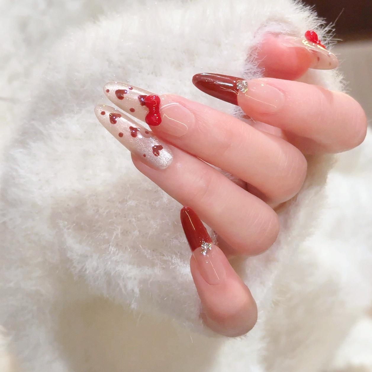 2026 Red Cat Eye Wearable Nail Art with Handmade Bow - Cute Student False Nails Bagged XS