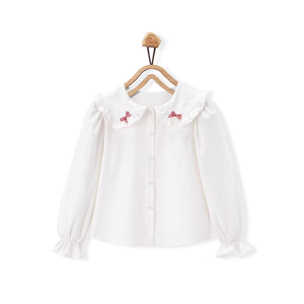 Spring & Autumn Girls' Cotton Doll Collar Long Sleeve Shirt - Casual Trendy Top for Kids
