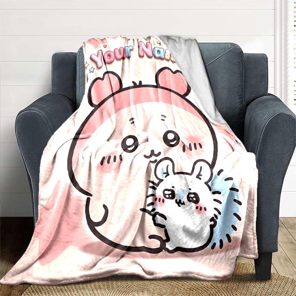 1pc Chiikawa Blanket with Custom Name, Gift, for Men and Women, Soft Blanket, Good for Sofa Bed Couch Travel, Lightweight Flannel Blanket