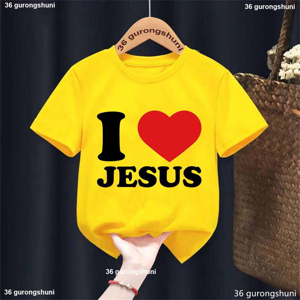 Lustiges Kawaii Kinderkleidung L Ich liebe Jesus Buchstaben bedrucktes T-Shirt Mädchen/Jungen Sommer Weiß/Schwarz/Rosa/Blau/Grau/Gelb T-Shirt