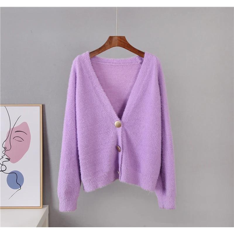 

Елегантний жіночий светр з мохеру з довгим рукавом, новий однобортний жіночий короткий кардиган, м’який гнучкий трикотажний верхній одяг XL фіолетовий