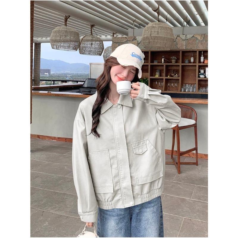 Solid Color Zipper Pocket Cardigan Women Autumn Winter Casual Simple Lapel PU Leather Jacket