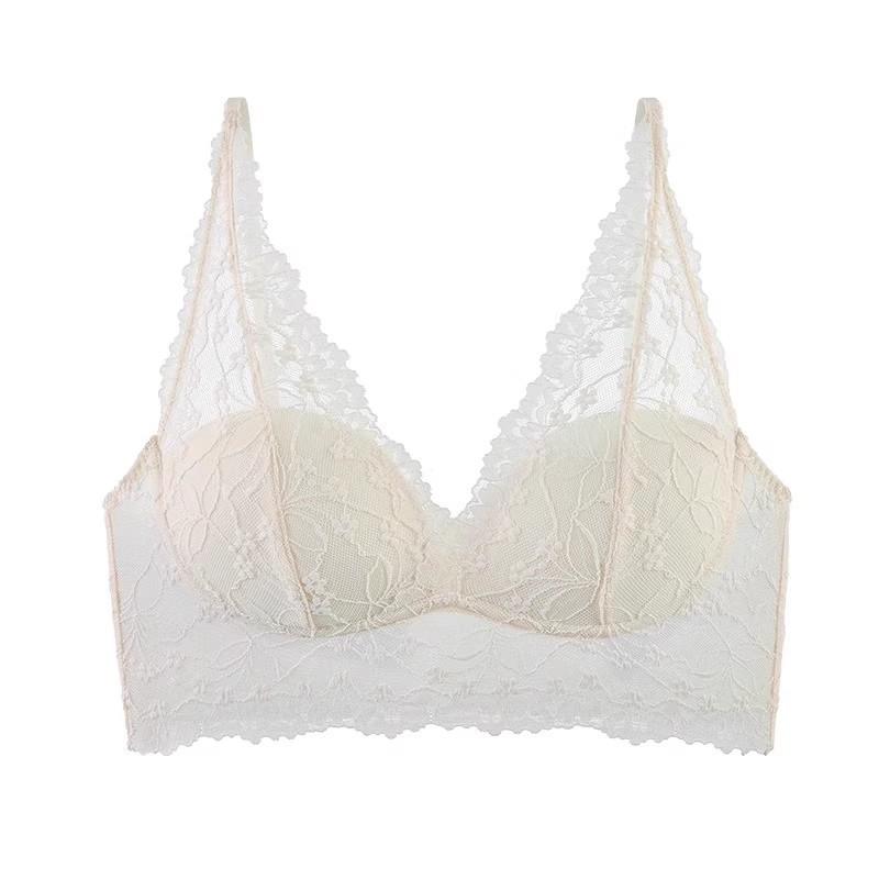 Women Lace Patch Wireless Bra Longline Lift Support Scallop V Neck Everyday Comfort Lingerie