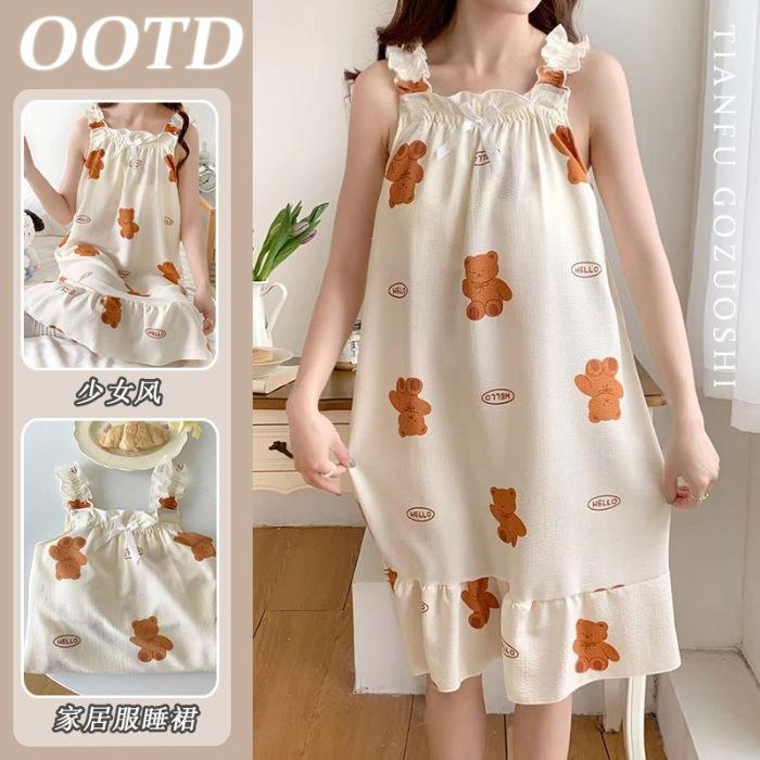[With chest pad] Cartoon bear suspender nightdress women s new summer nightdress M