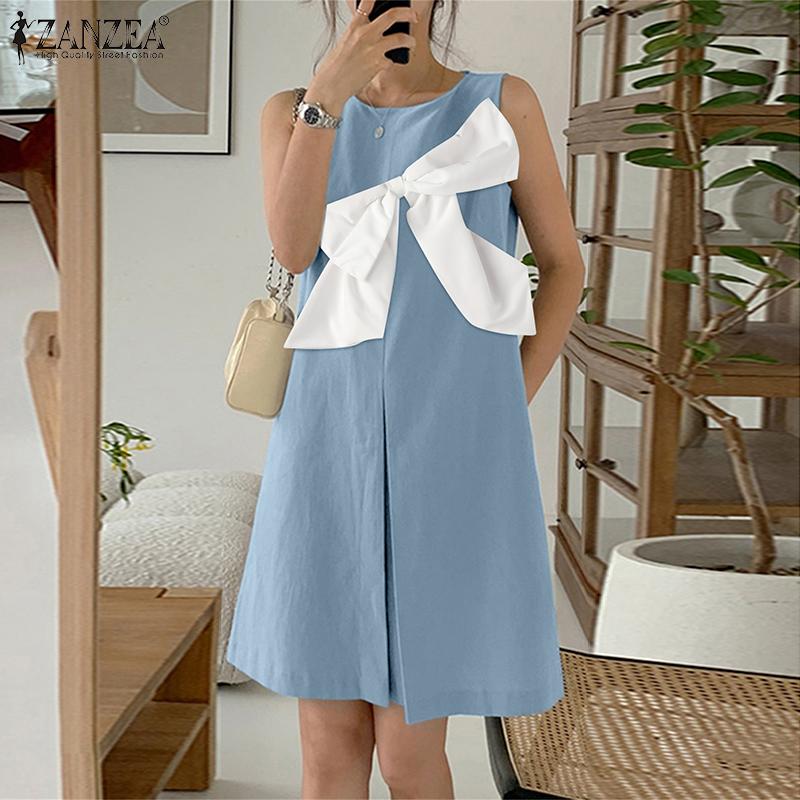 

ZANZEA Women Summer Round Neck Sleeveless Bows Patchwork Tank Dress S синій