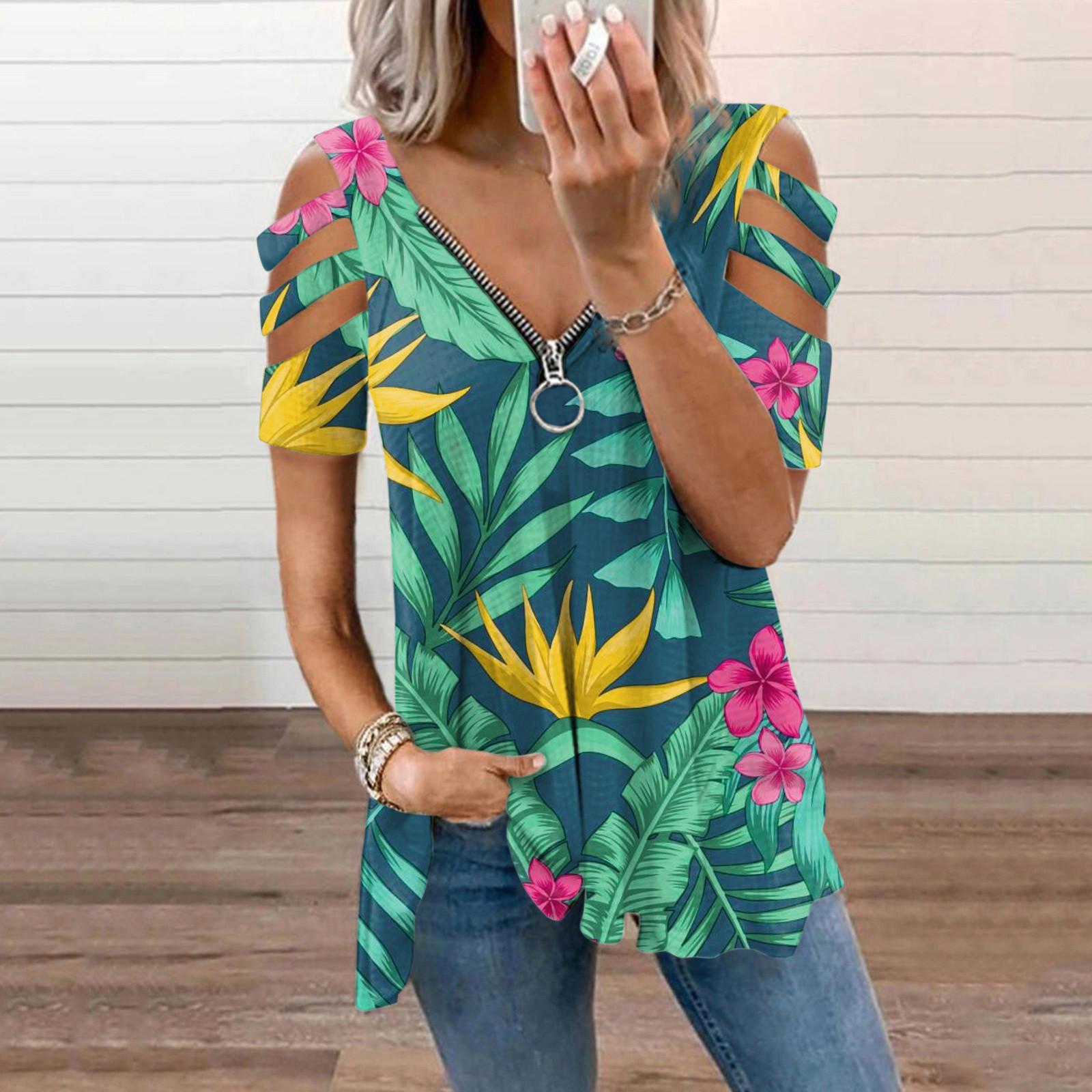 

Fashion Womens Loose Collar Zipper V-neck Rose Print Long-Sleeved Casual T-shirt XL