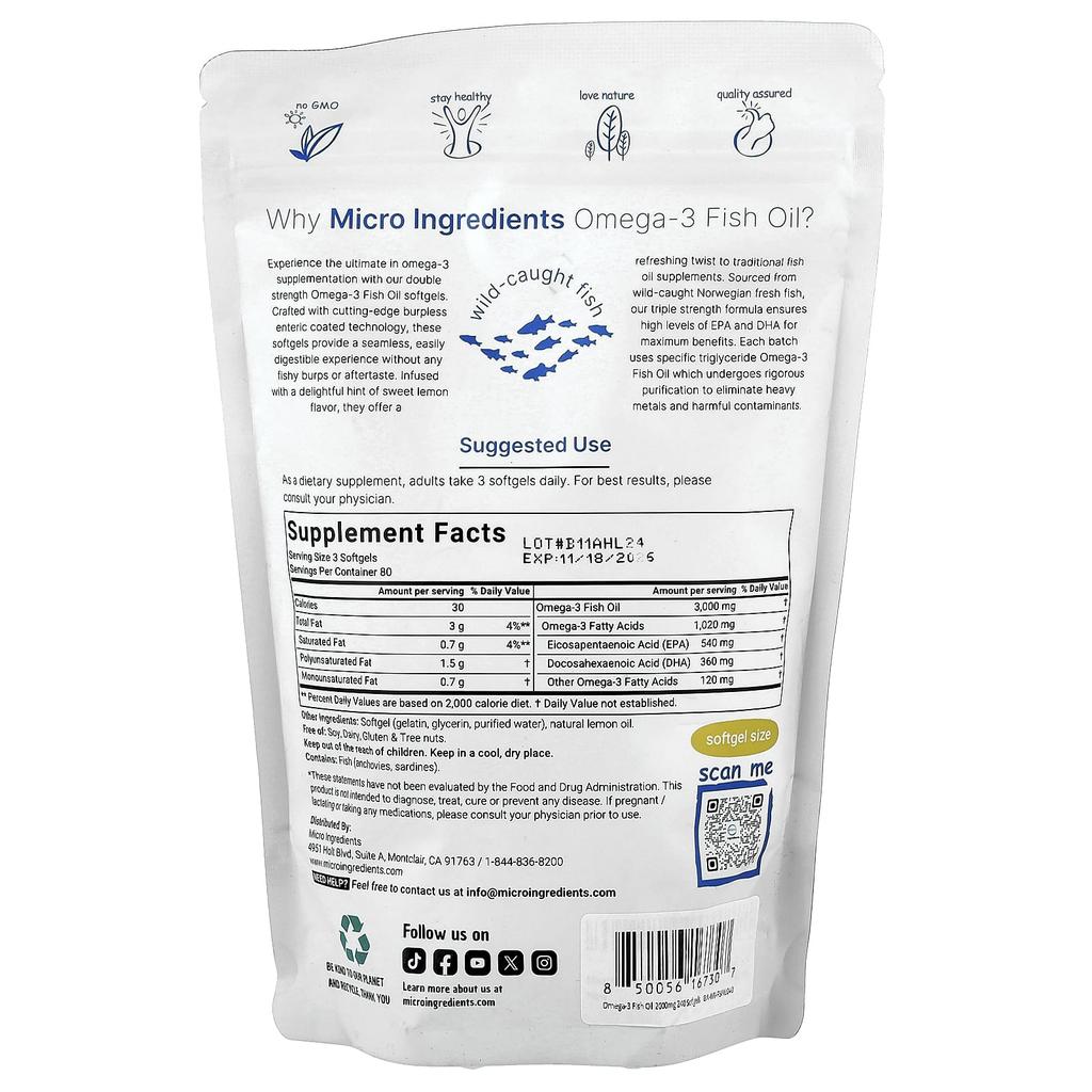Micro Ingredients, Omega-3 Fish Oil, Lemon, 240 Softgels (1,000mg per softgel)