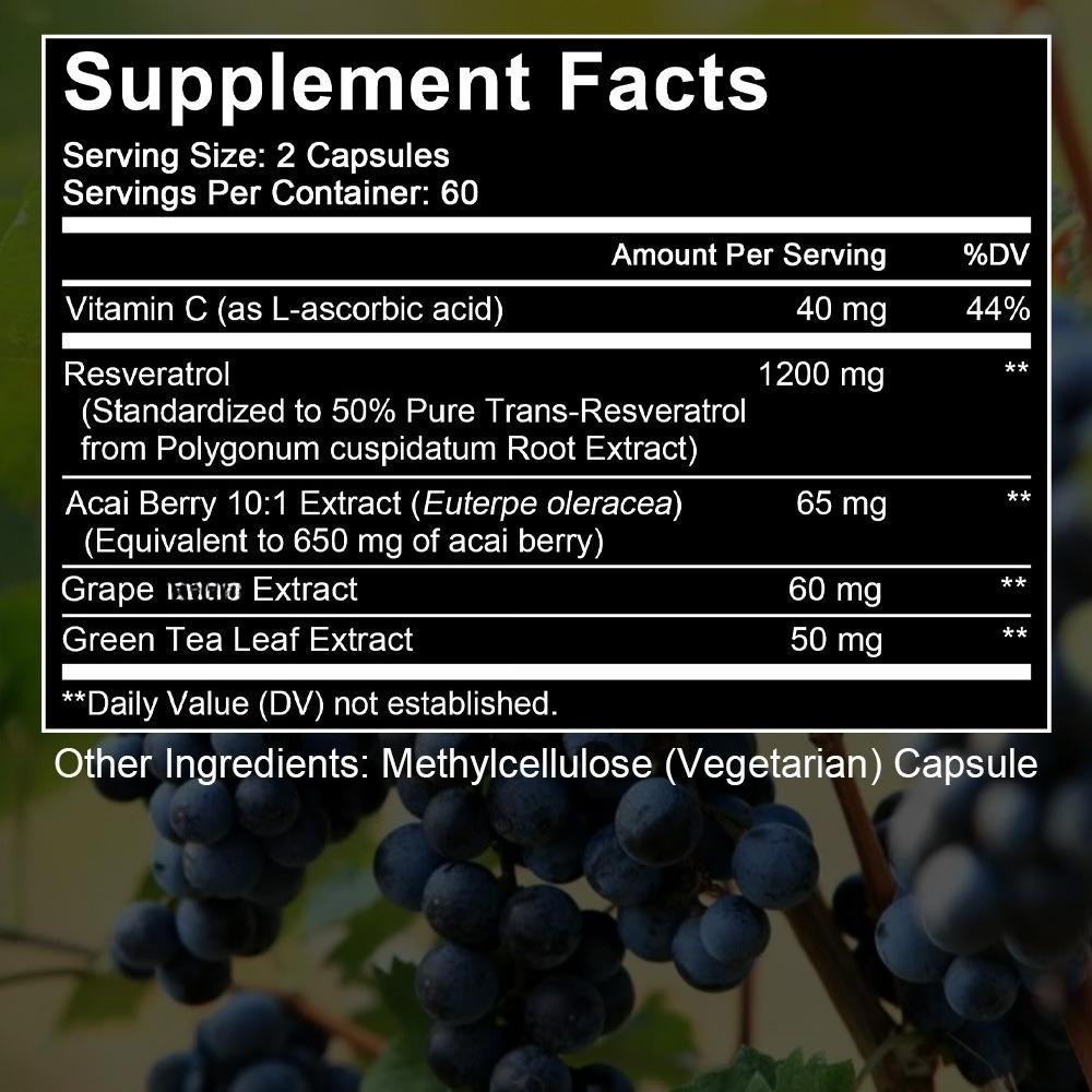 Resveratrol Capsules, Premium Antioxidant Supplement with Grape Seed Extract, Green Tea & Acai Berry, Healthy Aging, Vitality & Heart Support