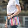 Rainbow Woven Colorblock Tote Shoulder Bag with Swan Accent