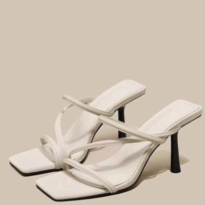 Temperament Quadratische Zehenpartie Slipper Sommer Neu Offene Zehen Dünner Riemen Rutschfest Abriebfest Hochhackige Schuhe