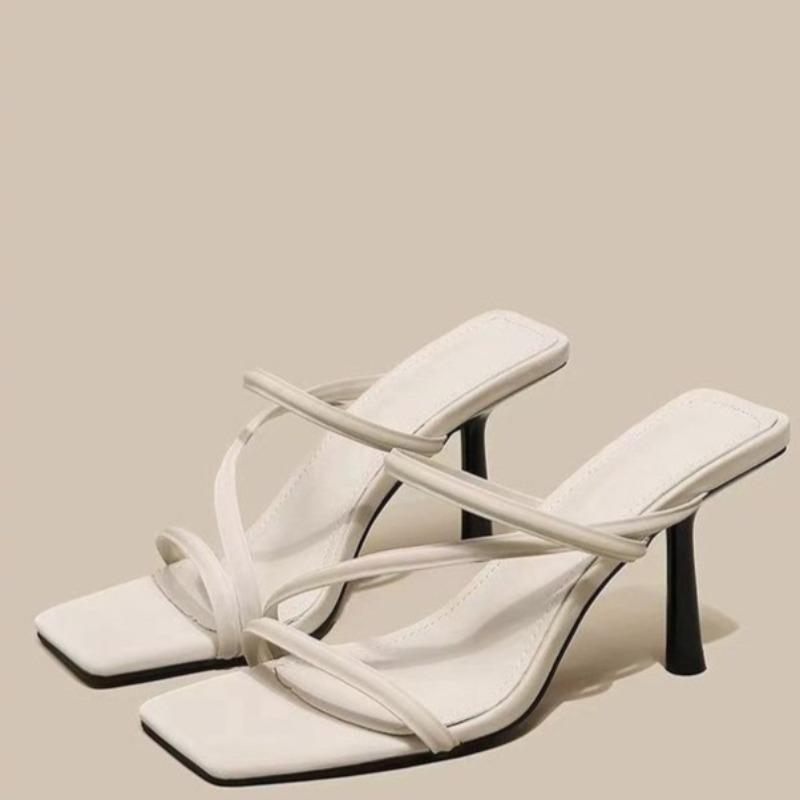 Fashion Temperament Square Head Slip-on Slippers Summer New Open-toed Thin Belt Anti-slip Wear-resistant High-heeled Shoes