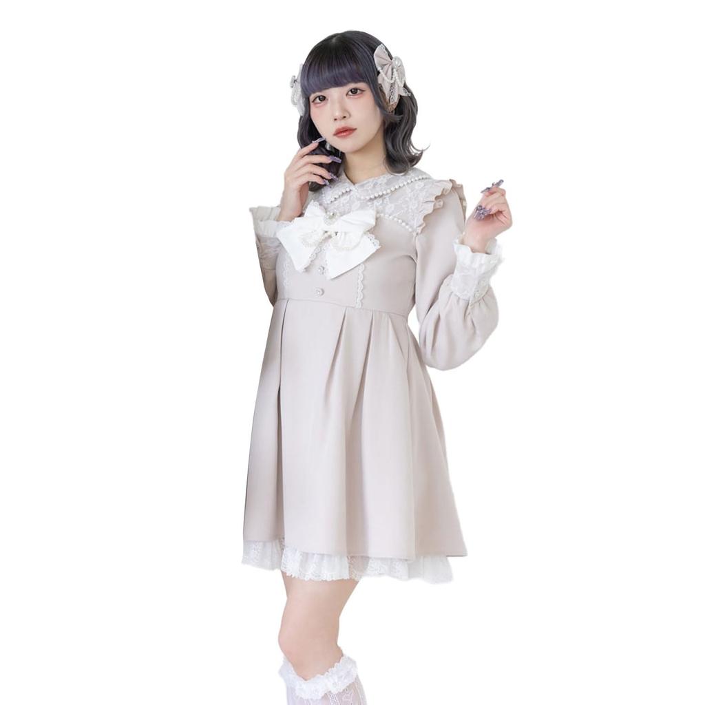 [Yumetembo] Mass-produced Landmine Style Clothing [Dear My Love] Casual Dress, Lace Pearl Ribbon Frill Dress, Women's, Above the Knee, Pink, Yumetenbo