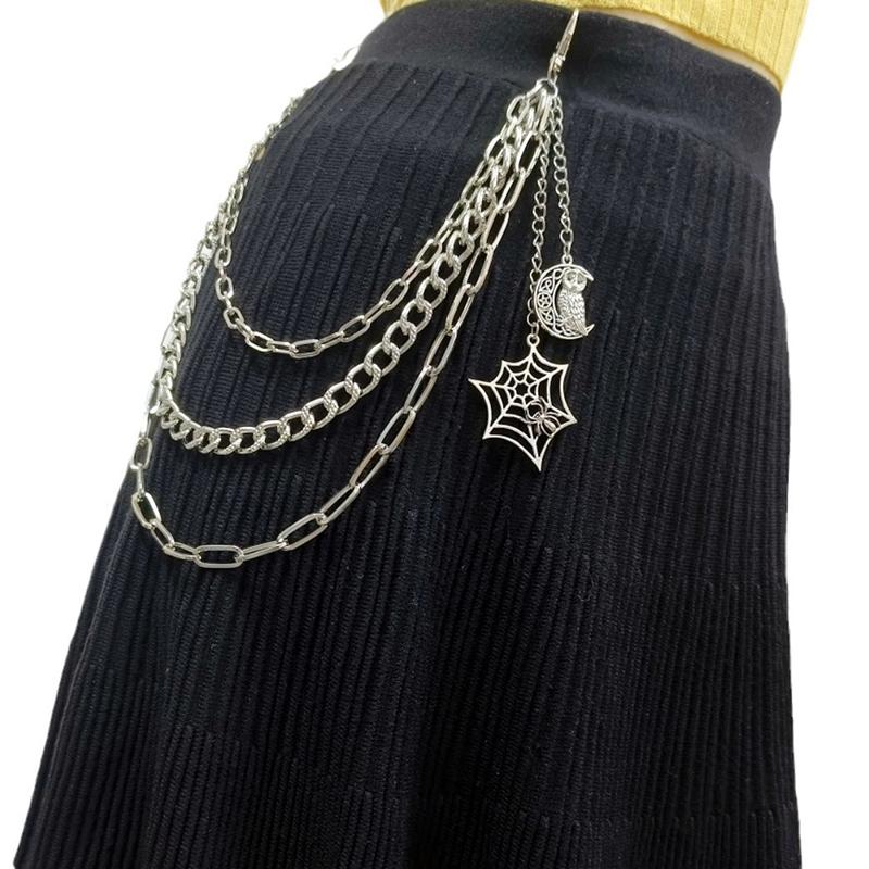 Punk Metal Spider Web Skeleton Pendant Waist Chain Multilayer Jeans Chain Hip-Hop Pants Chain Clothing Accessories Gifts