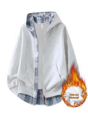 Unisex geruite cardigan met fleecevoering en capuchon met dubbele rits - Perfect voor herfst en winter.