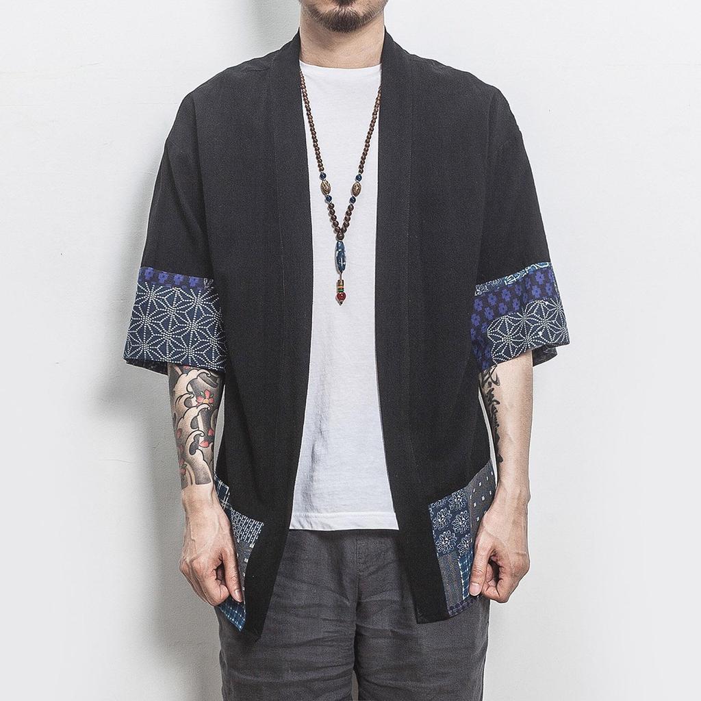Męski japoński kardigan kimono, luźna, bawełniana lniana, otwarta z przodu, casualowa, letnia koszula
