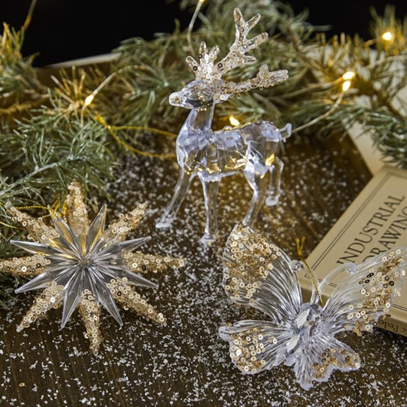 Clear Acrylic Deer Snowflake Christmas Tree Hanging Ornament with Sparkling Glitters Design for Festival Decors