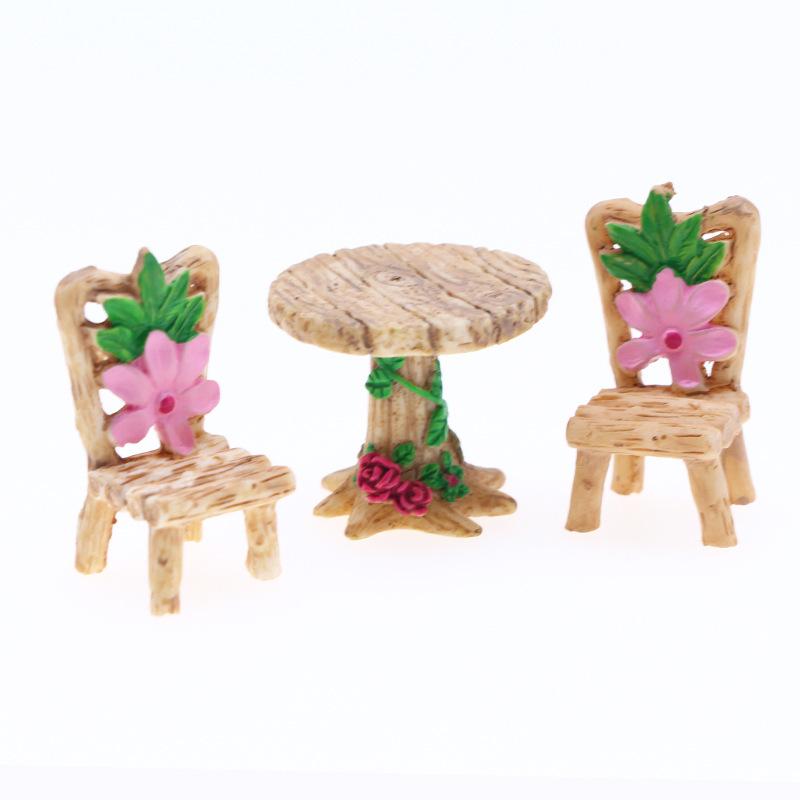 Pastoral Style Miniature Resin Dollhouse Furniture: Round Table, Chair, Stool Set.
