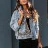 Women's Leopard Print Patchwork Denim Jacket - Long-Sleeved European and American Style