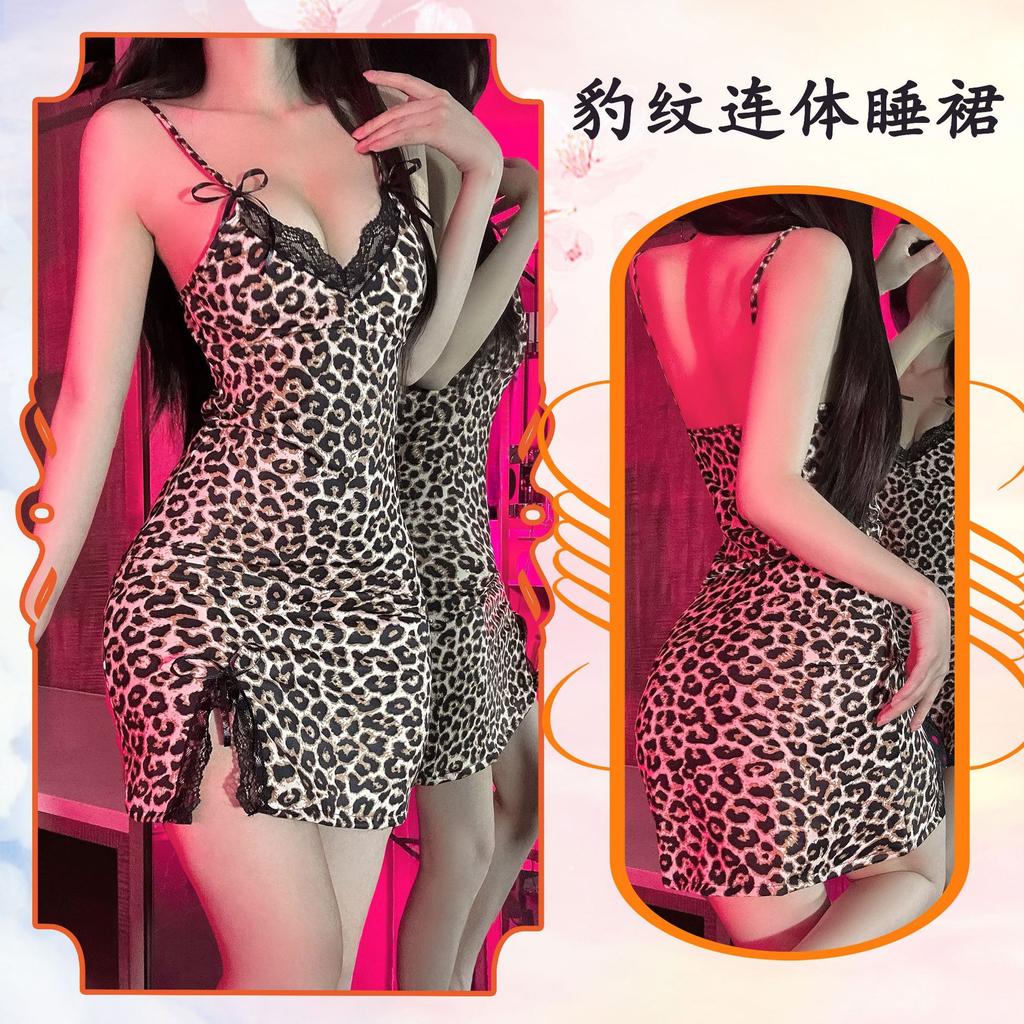 Sex Lingerie Sexy Leopard Print Suspender Nightgown Passion Seduction Lace Bow Abstinence Suit