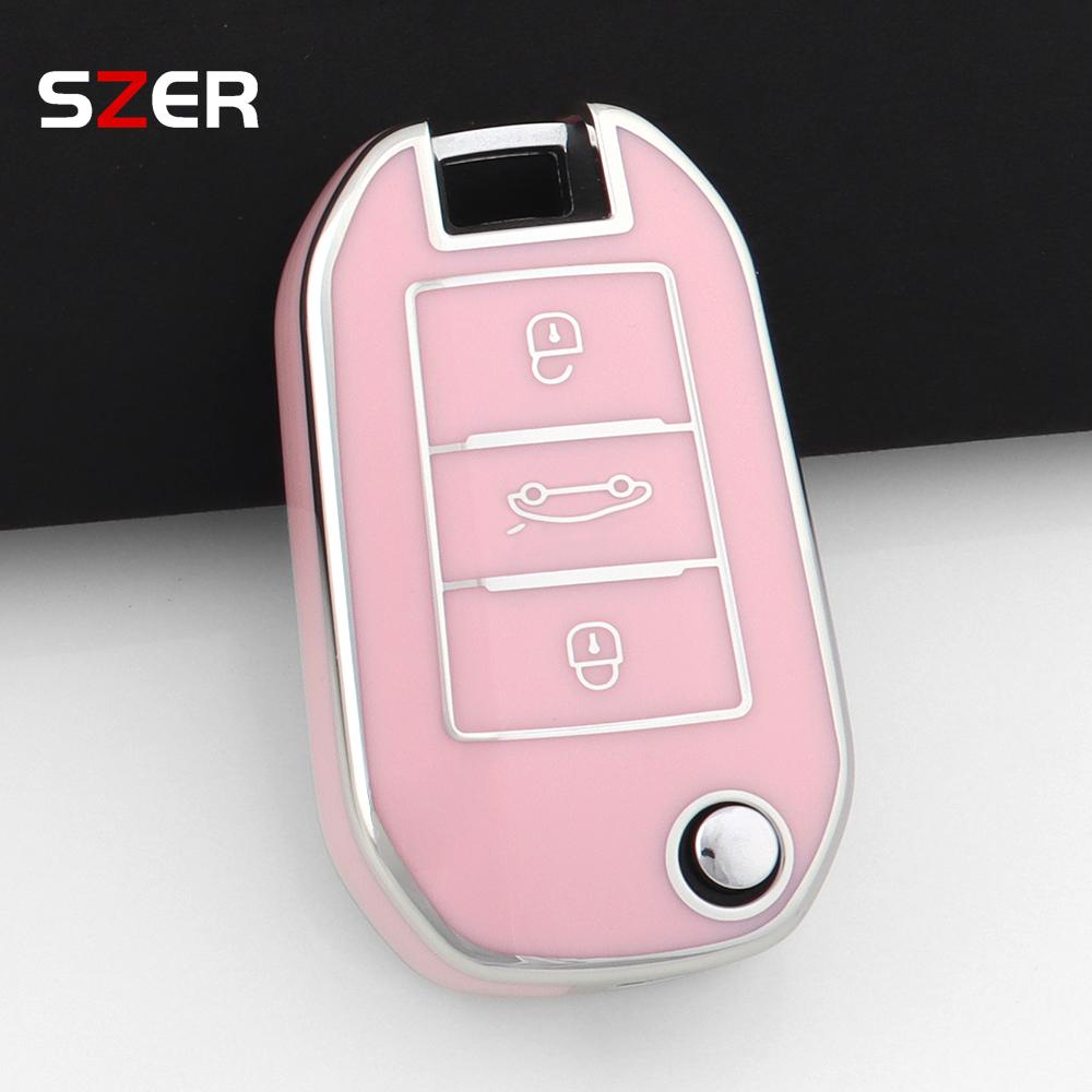 Tpu Car Flip Key Case Cover For Peugeot 208 308 408 508 2008 3008 4008 5008 For Citroen C3 C4 Cactus C6 C8 Protector Keychain