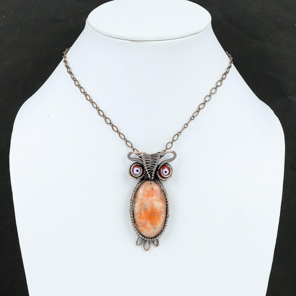 Sunstone Pendant Copper Wire Wrapped Pendant Sunstone Gemstone Jewelry Handmade Owl Pendant Unique Copper Jewelry Red Color Evil Eye Pendant