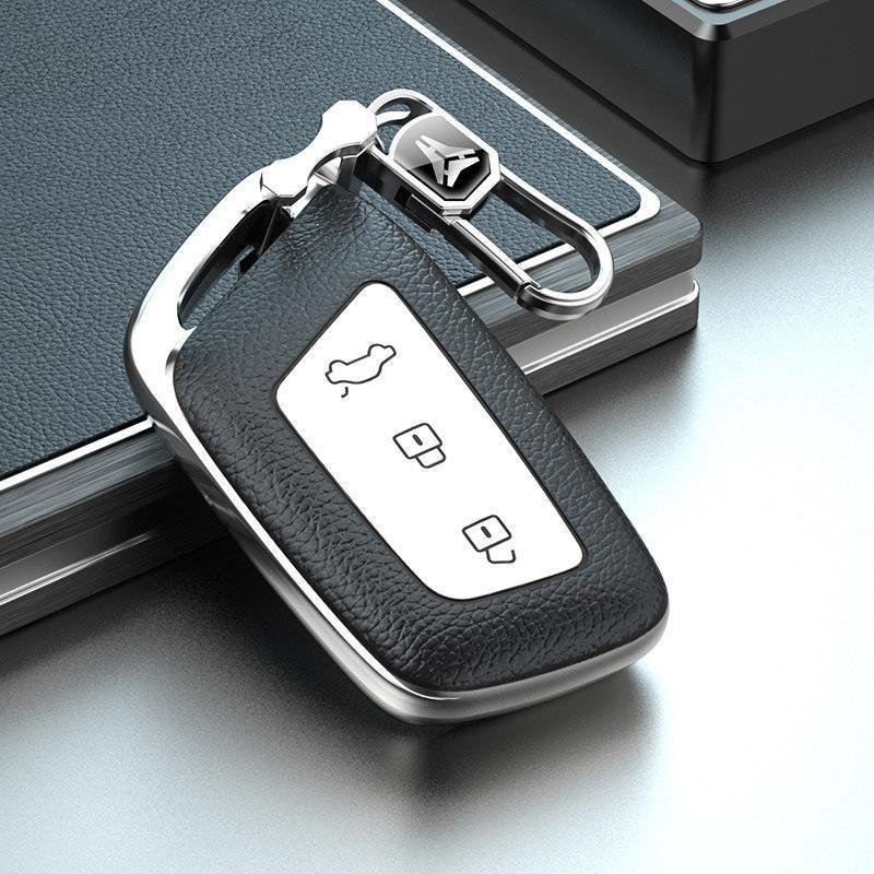 Aluminum Key Cover Case Baojun KiWi EV E300 RC6 RC5 RS5 RS3 Full Protection Shell With Valli Buckle Baojun Silver White, Buckle Full Coverage Key Case